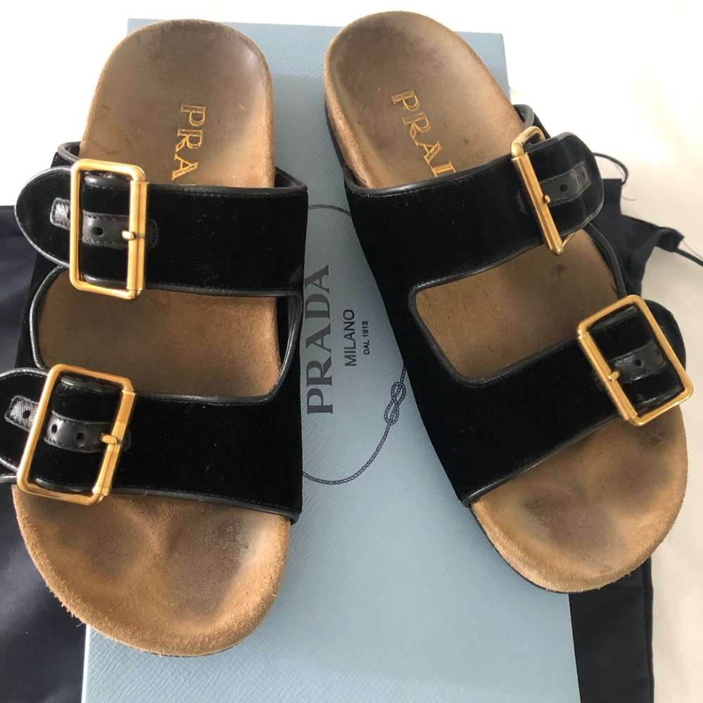 Prada  Black Velvet Double Band Slides